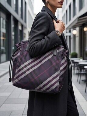 Burberry Supernova Check Nylon Buckleigh Tote in a purple hue.